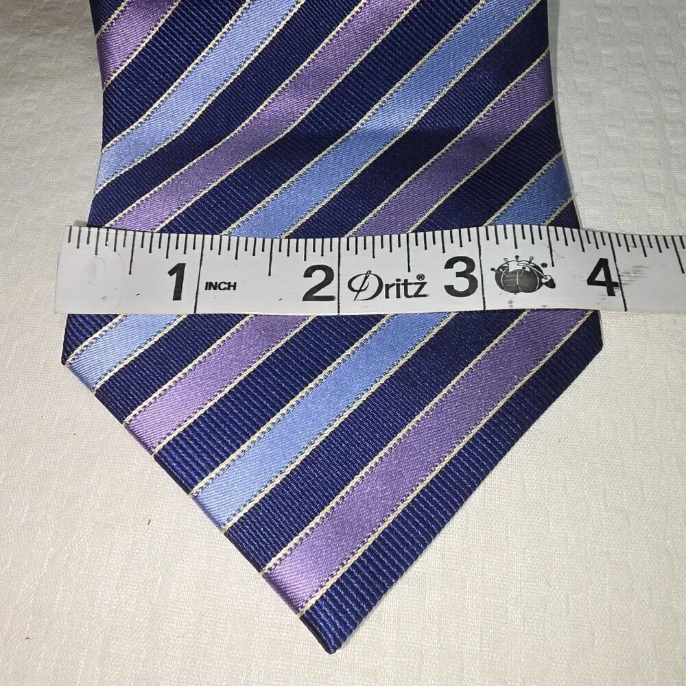 DUCK HEAD HANDMADE SILK TIE DIAGONAL STRIPES IN LIGHT BLUE NAVY AND PURPLE EUC